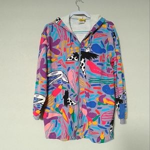 Vibrant 90's Bird and Flower Print Zip-Up Hoodie, Size M